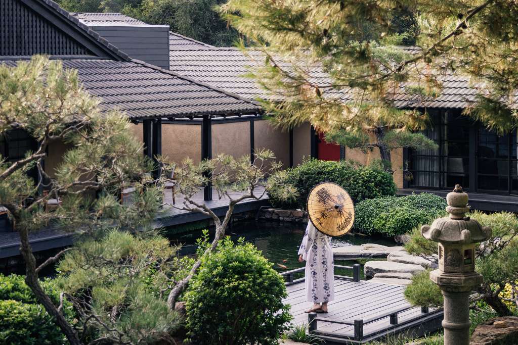 koi pond at golden door spa and spagoer wearing traditional yukata