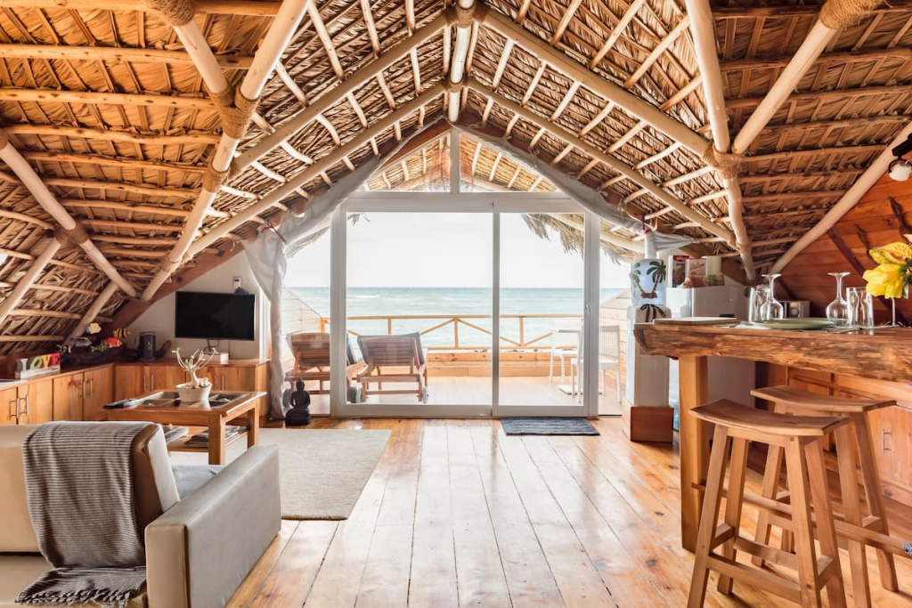 thatched hut kitchen and view in the dominican republic