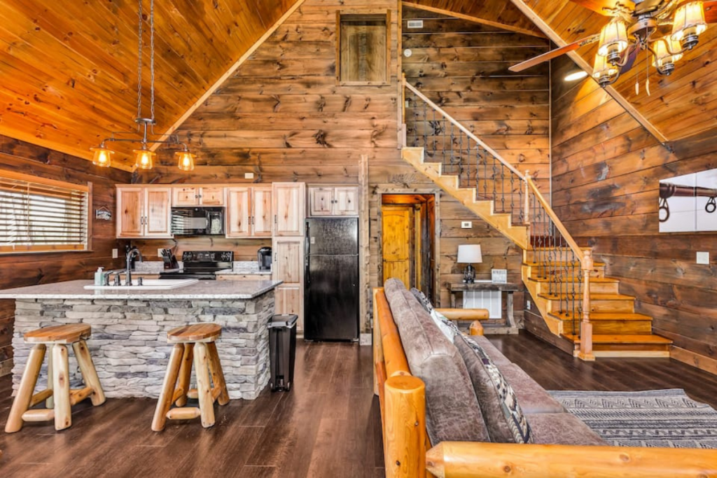 A Rustic Airbnb Cabin With Brick and Wood Walls Located on Lake Guntersville in Alabama.