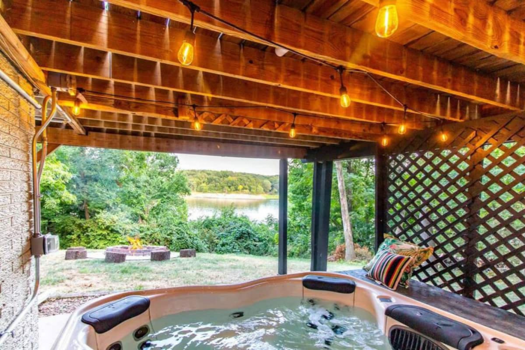 A Hot Tub Airbnb Looking Over a Lake in Iowa.