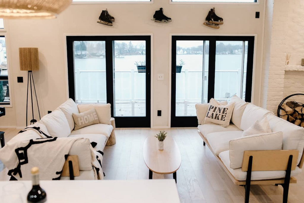 A Modern Black and White Living Room Inside a Michigan Lake House.