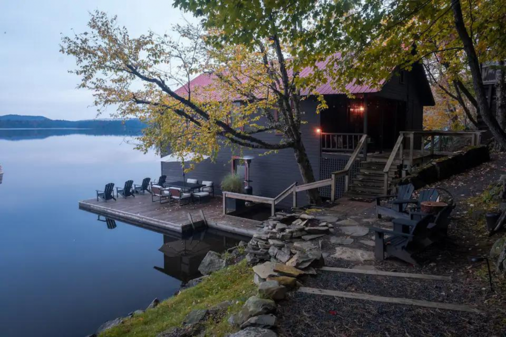 Historic Adirondacks Airbnb Lakehouse at Dusk.