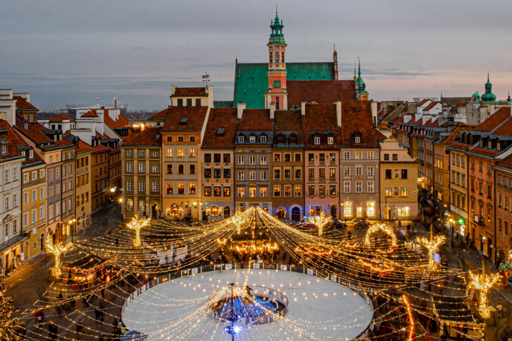 A Festive Scene at a Christmas Market in Europe.