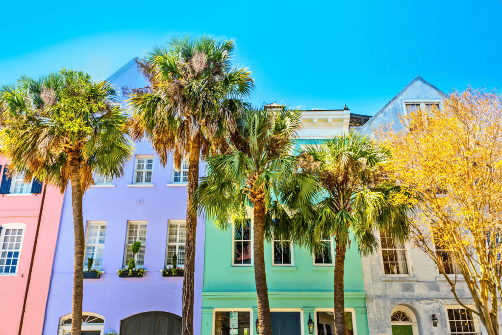 A Palm-Lined View of Charleston’s Rainbow Row, Which Is Considered One of the Most Colorful Places in the World.