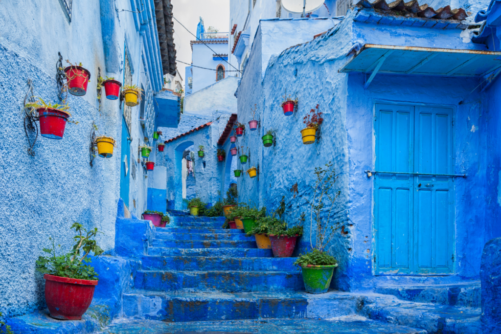 Saturated Blue Alleyways With Colorful Flower Pots in Chefchaouen, Morocco.