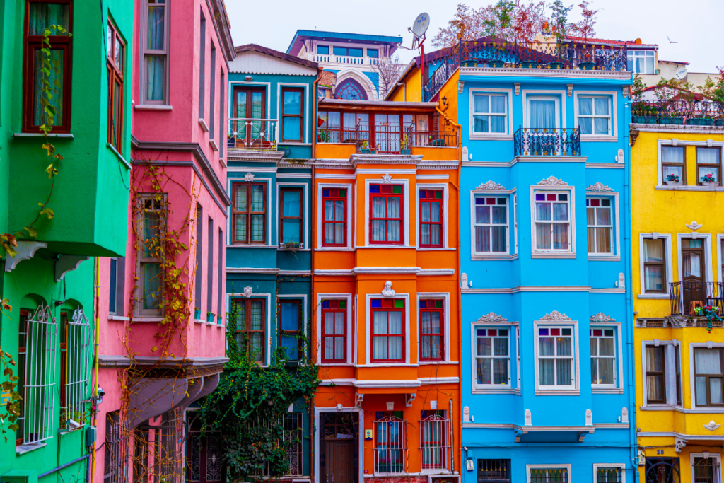 Tall, Rainbow-Colored Buildings in Balat, a Colorful District in the City of Istanbul, Turkey.