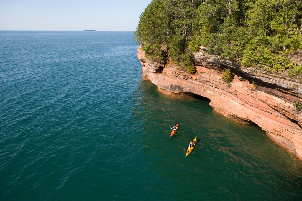 birds eye view of bayfield with two people canoeing in the lake