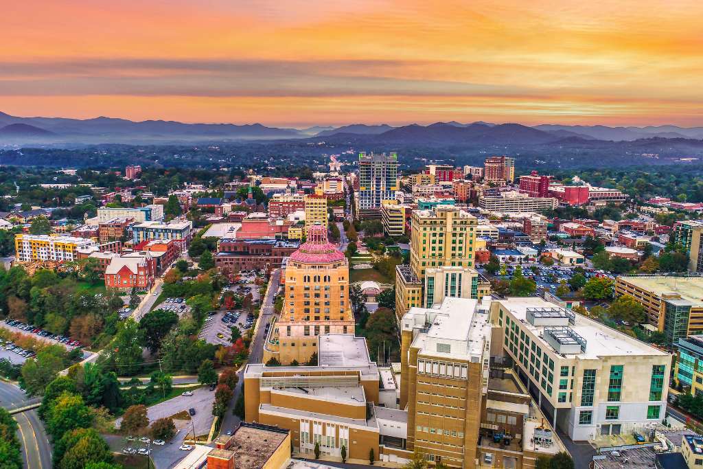 Asheville, NC, city skyline at sunrise