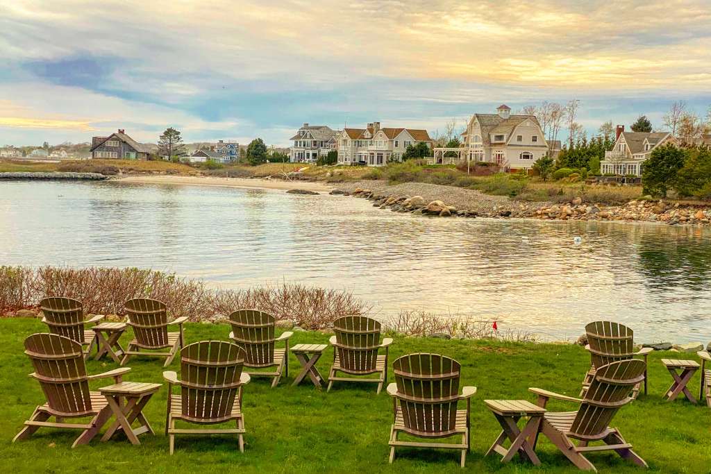 Adirondack chairs by the water in Kennebunkport, Maine