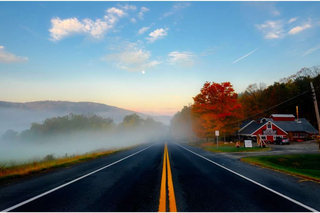 Scenic misty road through The Berkshires, Massachusetts