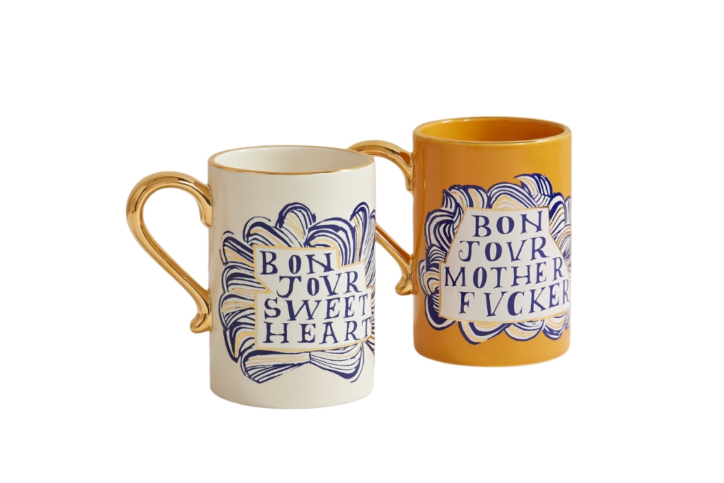 l'objet ruan hoffman set of two gold-trimmed earthenware mugs 