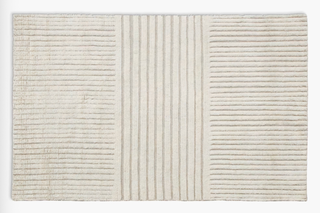 beige hand knotted stripped quince wool rug from india 