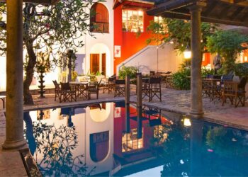 the interior pool area in the malabar house india