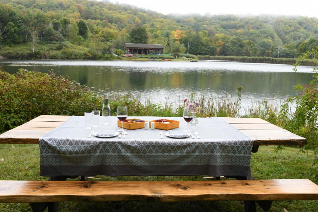 fall picnic by the pond at twin farms