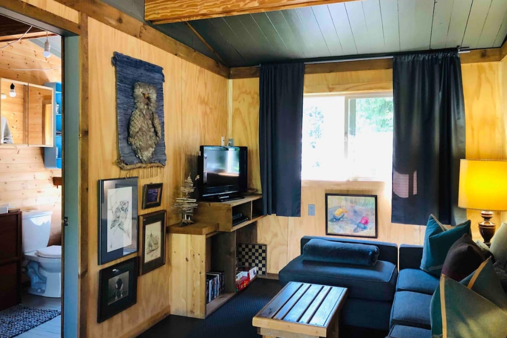wooden treehouse home with a black couch and framed owl pictures on the wall