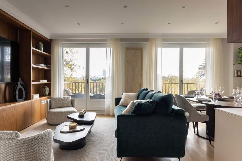 modern apartment with a close-up view of the eiffel tower in paris