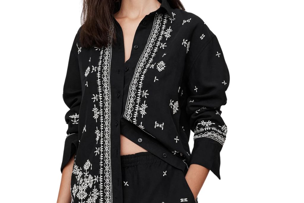 banana republic black and white embroidered linen shirt