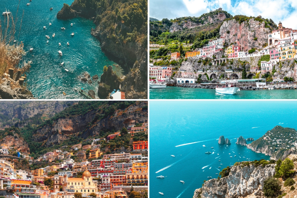 collage of the amalfi coast with images of the cliffs with colorful buildings and blue waters