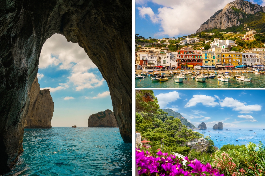collage of the amalfi coast with images of a cave and the blue ocean and the greenery surrounding and the colorful buildings with boats