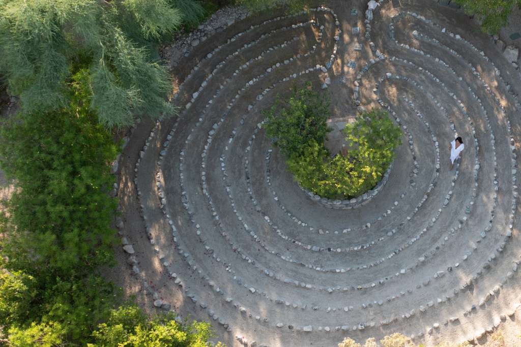 a meditative labyrinth walk at we care in desert hot springs california often begins and ends with a sound bath