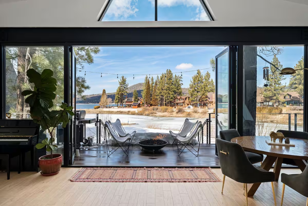 big bear living room open patio lake view with fire pit
