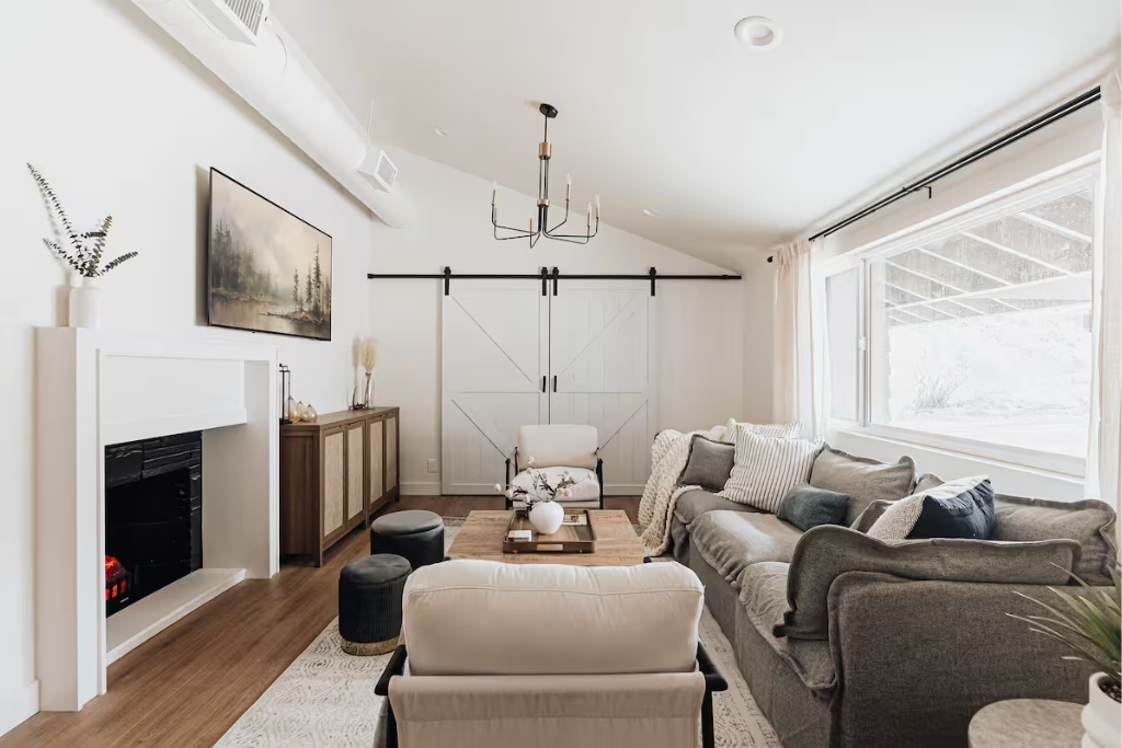 big bear modern airbnb living room with french doors