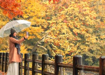 women walking in fall leaves with umbrella