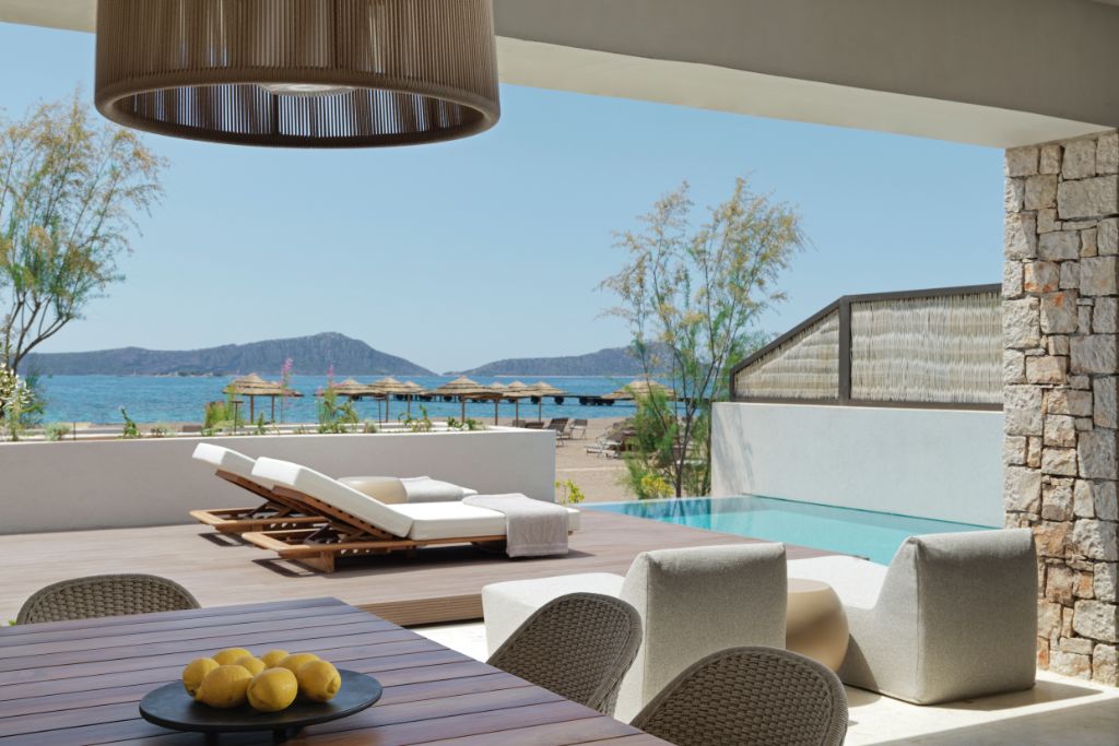 private deck at beach front suite costa navarino 