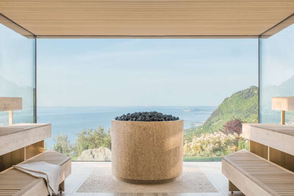 all-glass sauna at lefay resort & spa in lake garda italy