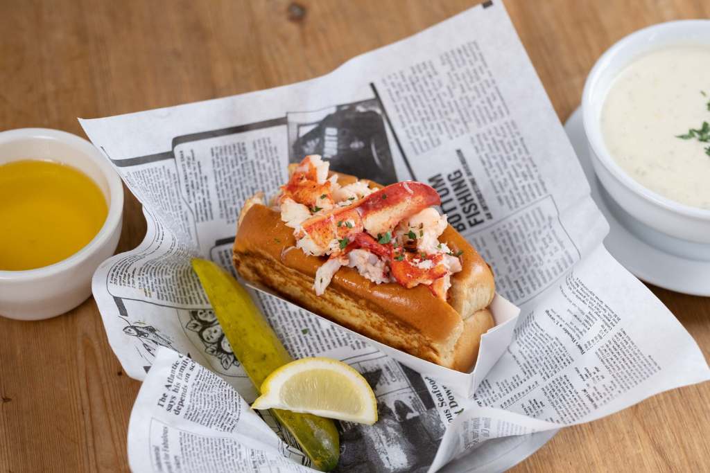 lobster rolls with butter and clam chowder in Maine