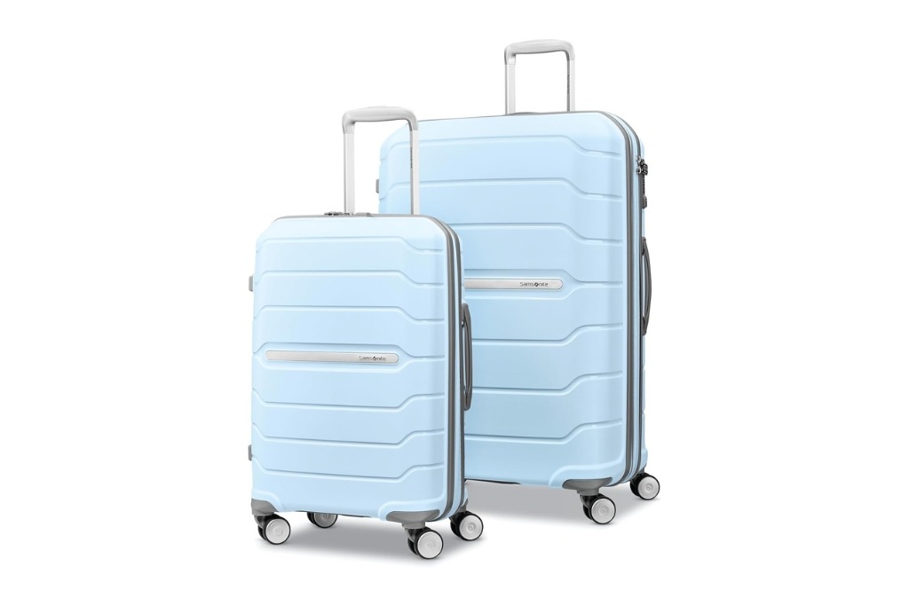 two piece sky blue luggage set with grey rims and handles from samsonite