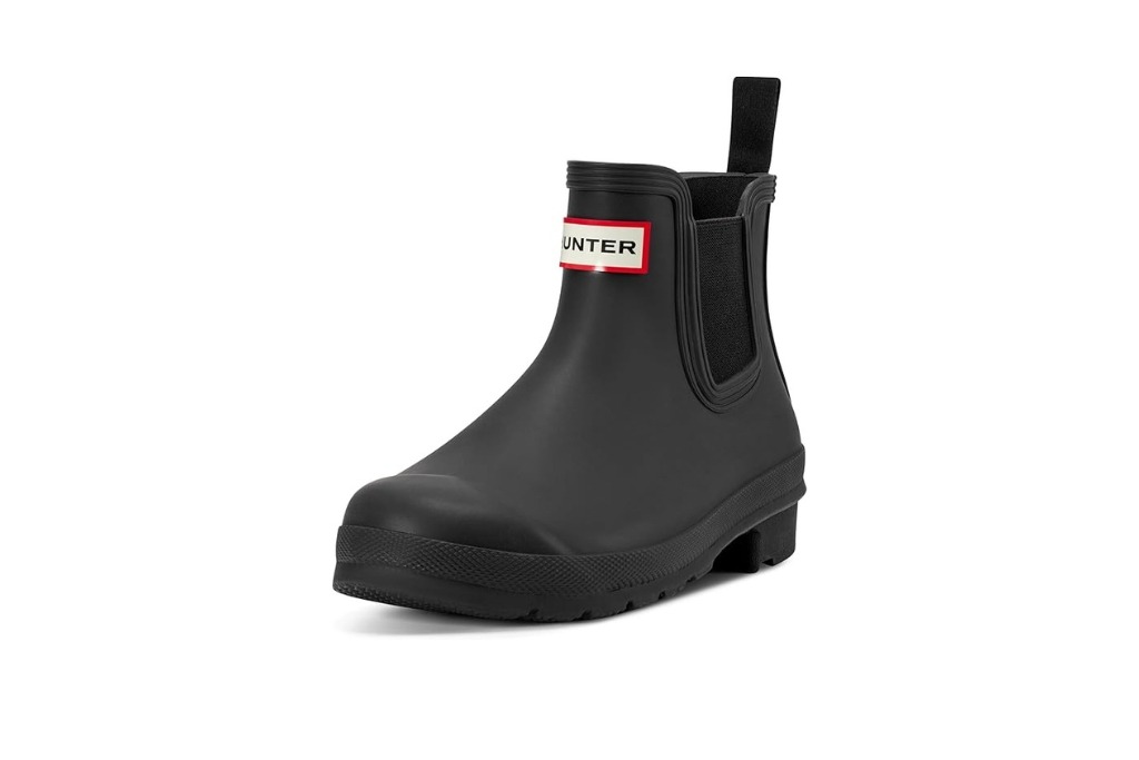 black ankle length hunter rain boots with the logo on front