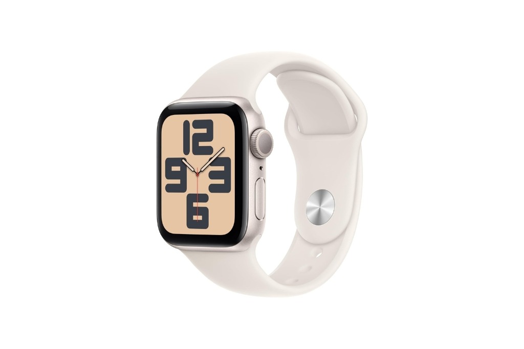 white apple watch with the clock displayed on the screen and a beige background