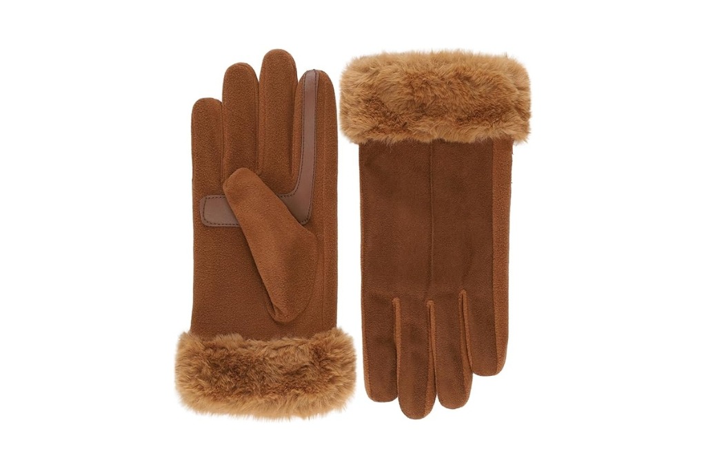brown microsuade gloves with brown fur on the bottom