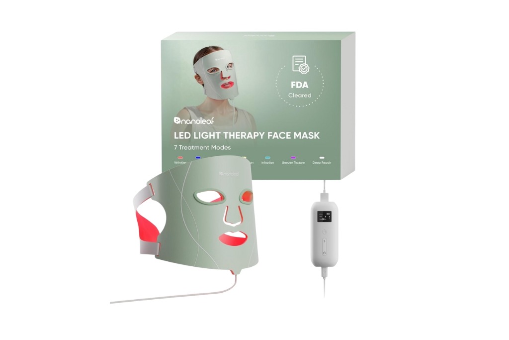 green led therapy face mask and its box behind it showing a woman using the mask and that it is fda cleared