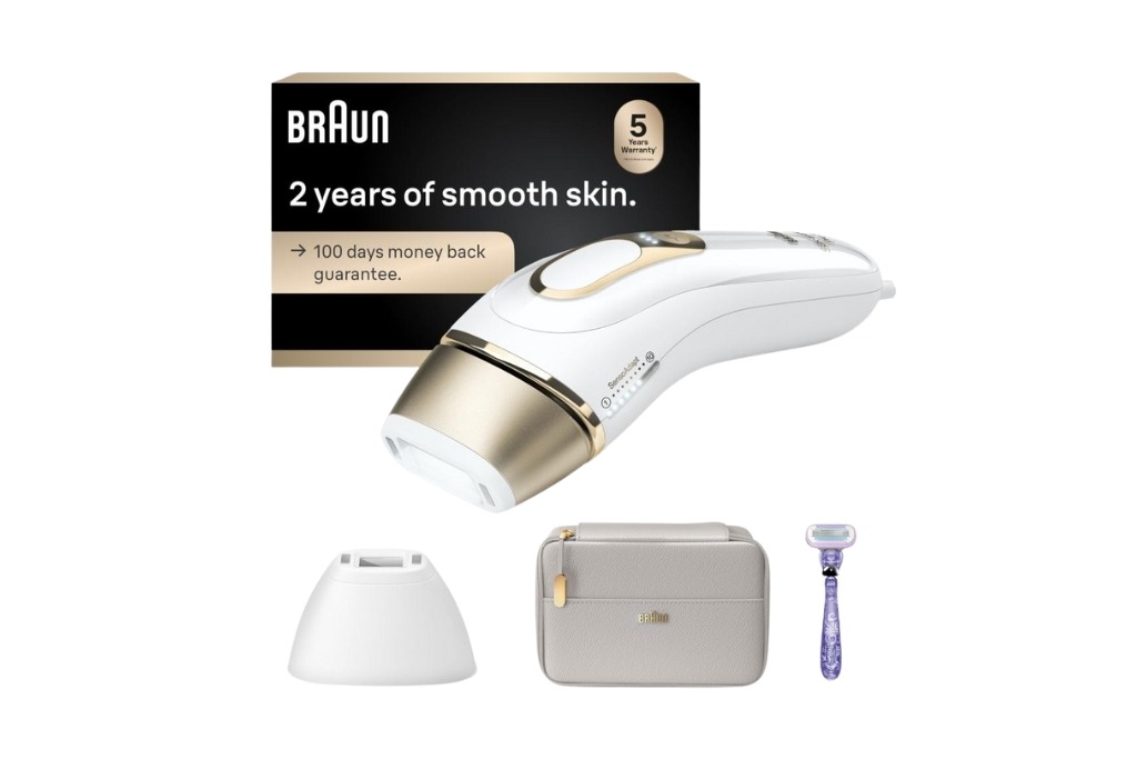 at home ipl hair removal kit that is white with gold edges and shows that it comes with a bag and a purple razor