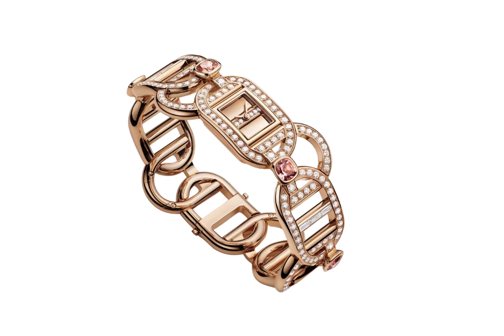 diamond gold petite hermes watch with pink stones added