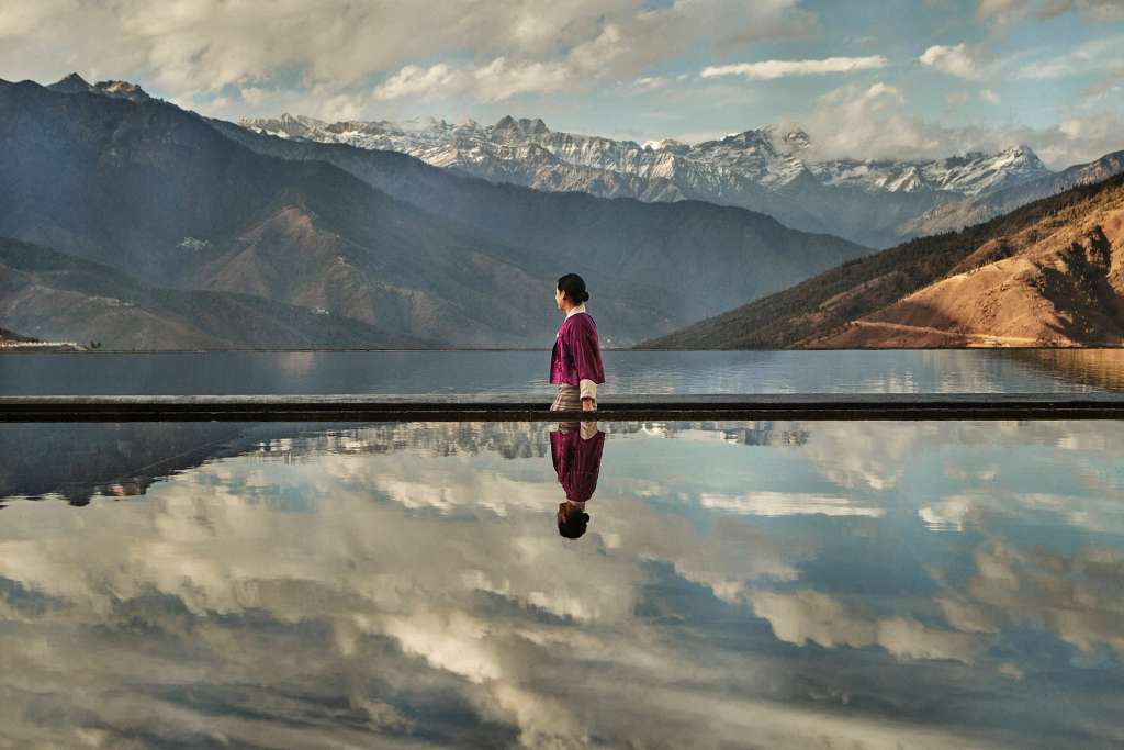 reflection pool at six senses thimphu bhutan