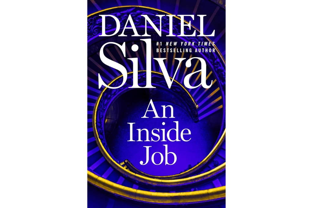 cover of the book an inside job which has a royal blue winding staircase and white writing 