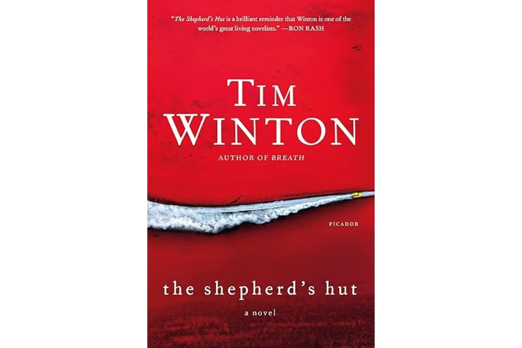 cover of the shepards hut with a red background and a fake slice through the cover