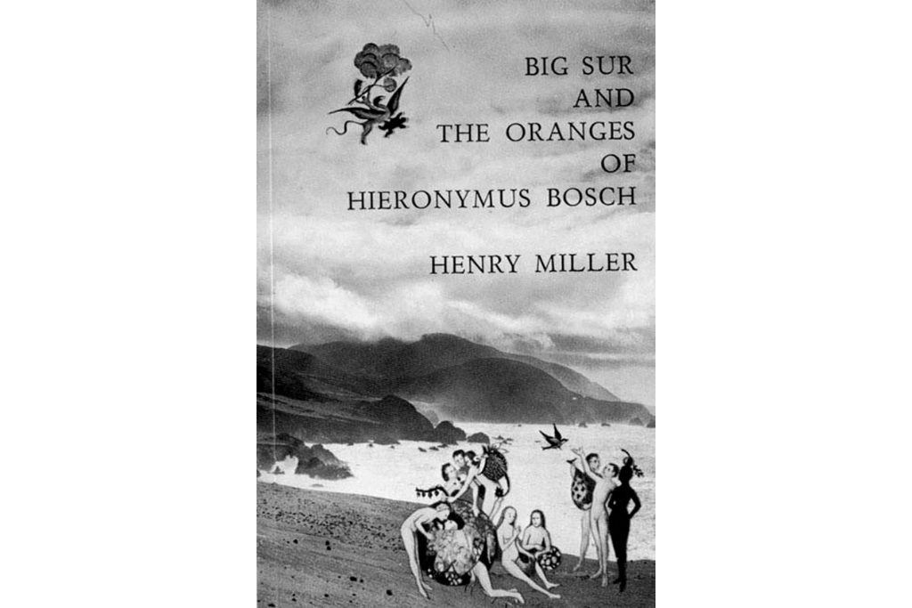 black and white cover of the big sur  and the oranges of hieronymus book with figures standing on a beach