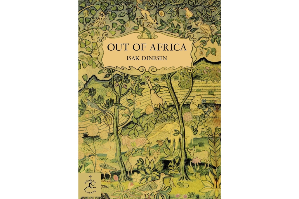 cover of out of africa with a yellow and green background and animals imbedded into the scene 