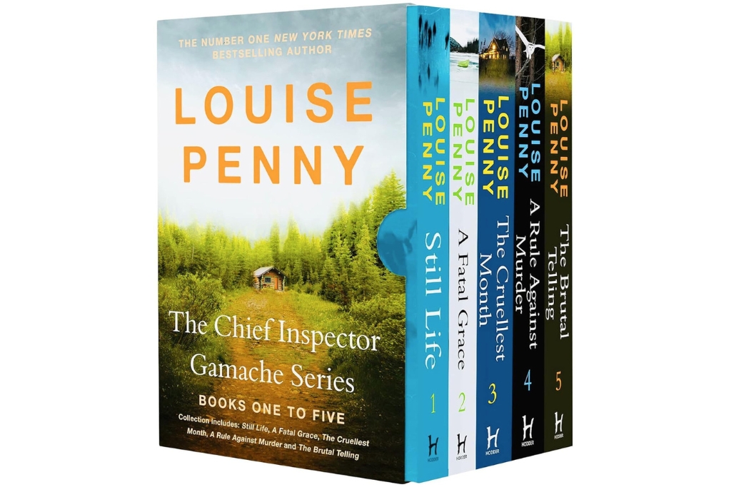 collection of louise penny books standing next to one another in chronological order 