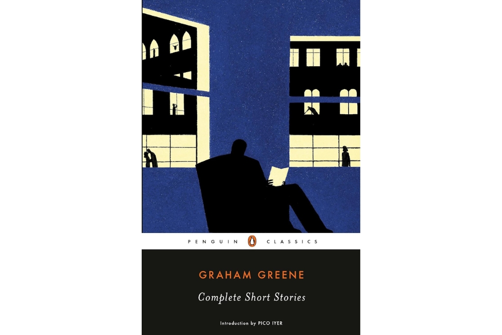 cover of graham greenes short stories which has a man in a chair looking out onto building windows set on a blue background