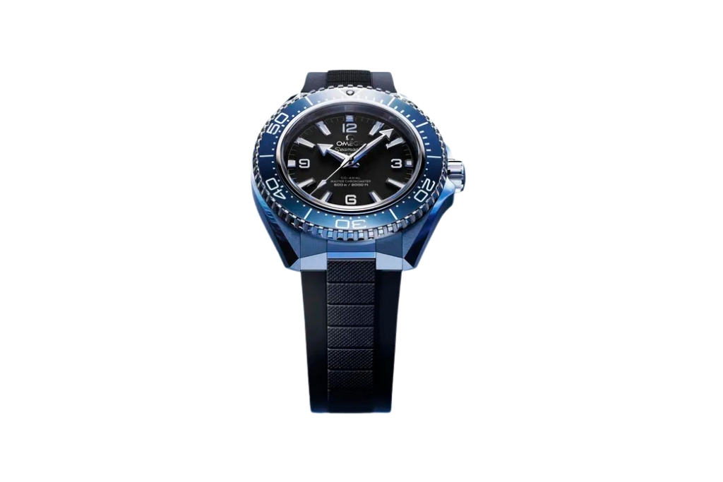 omega seamaster watch with a black strap and blue rim surrounding a black plate inside