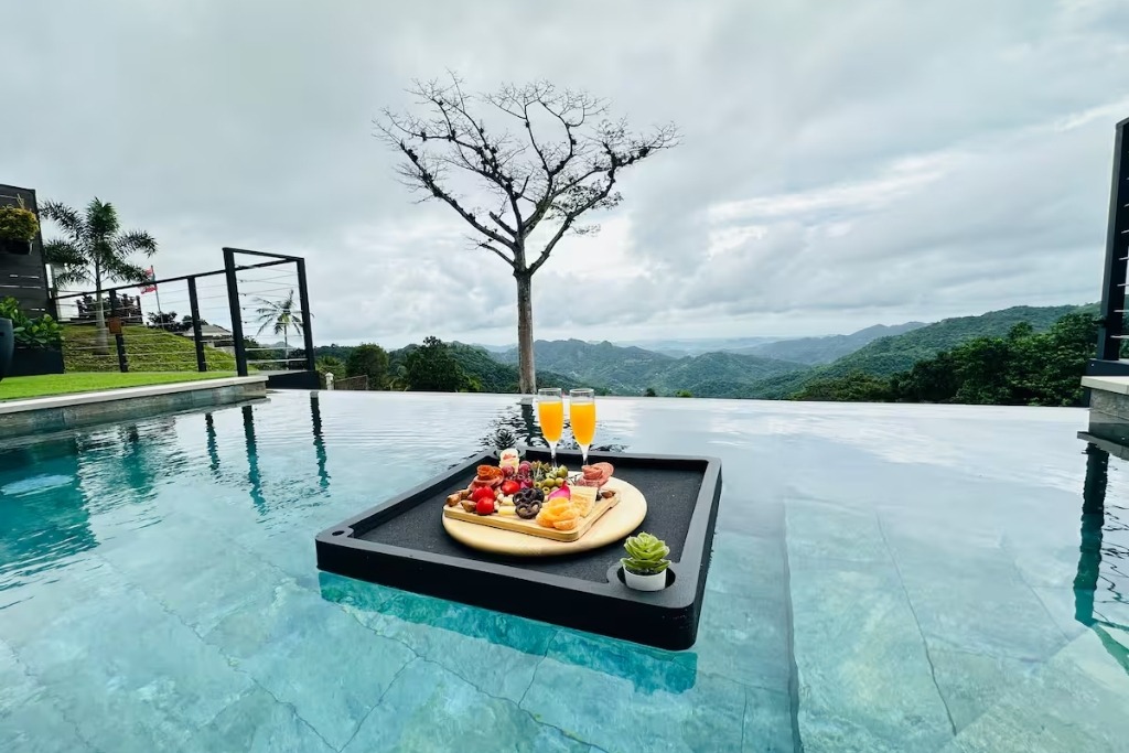 infinity pool of a home in puerto rico with a cheese plate floating in the middle of the pool