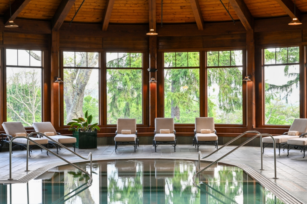 inside pool of mohonk mountain house with wooden paneling with a woodsy atmosphere for murder mystery