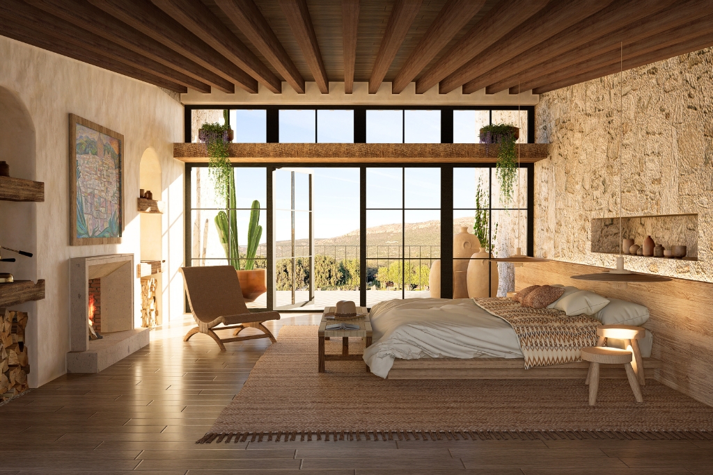 hotel room at rancho sol dorado in mexico with floor to ceiling windows and a fire place