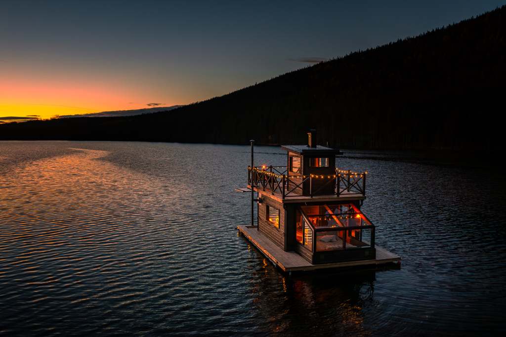 floating houseboat-style cabin in sweden