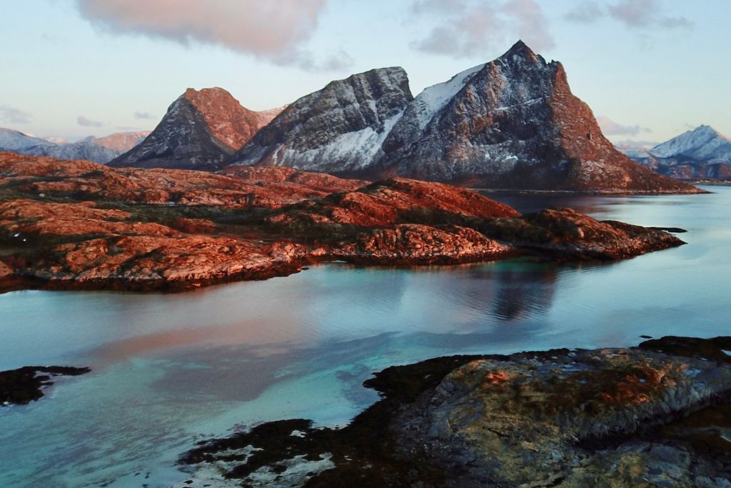 manshausen mountain and fjord aerial view